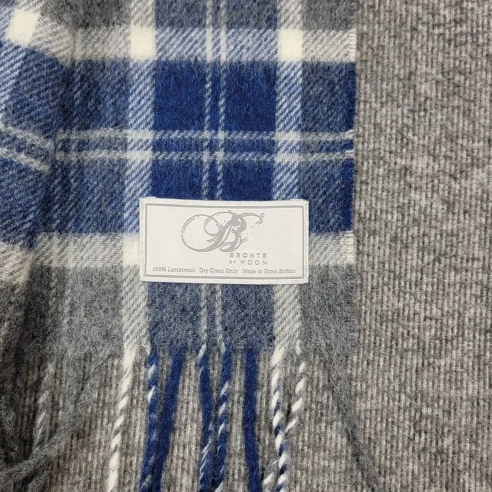 Bronte By Moon Scarf Womens Blue & Gray Plaid Fringed 100% Lambswool